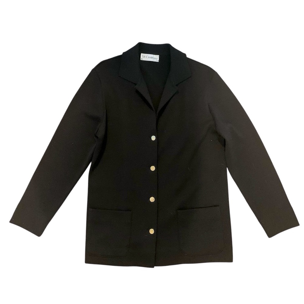 St. Croix Women’s 100% Black Wool Knit Cardigan Blazer w/ Gold Hardware Size L